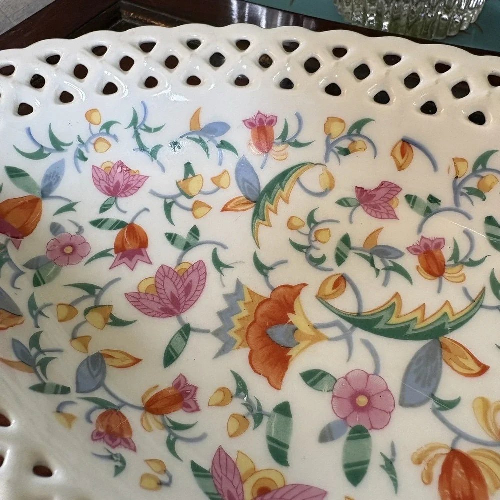Vintage Retriculated Lace Rim Oval Dish Bright Happy Flowers 10